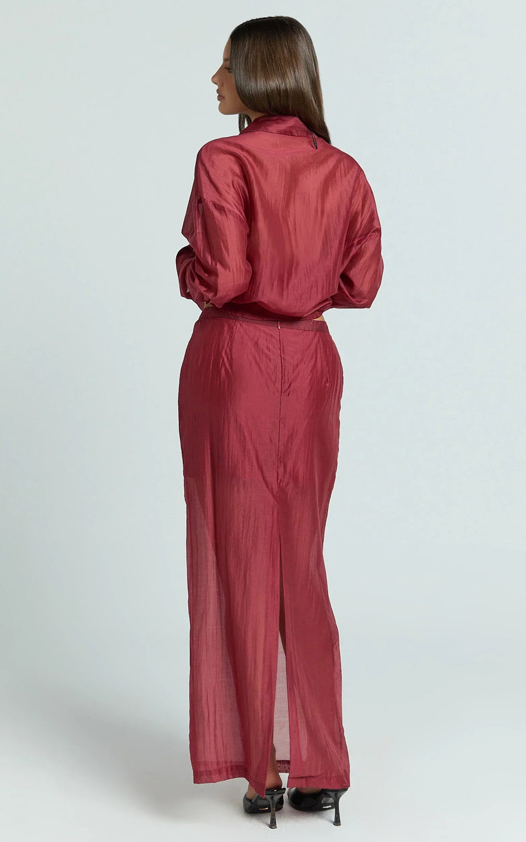 Amalia Midi Skirt - Sheer Ankle Length Pencil Skirt in Cherry