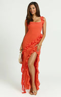 Palmer Maxi Dress - Ruffle Strap High Split Dress in Orange
