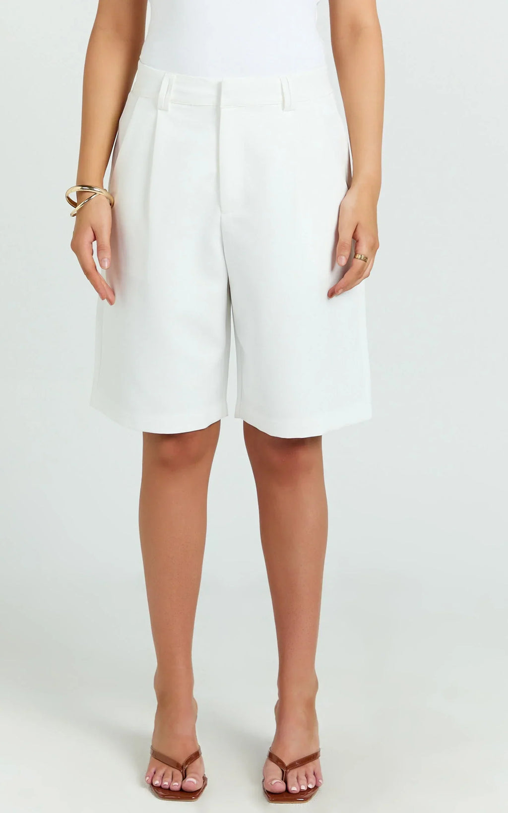 Nola Shorts - Mid Waist Bermuda Relaxed Fit Shorts in White