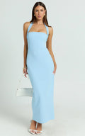 Salome Midi Dress - Halter Neck Column Dress in Blue