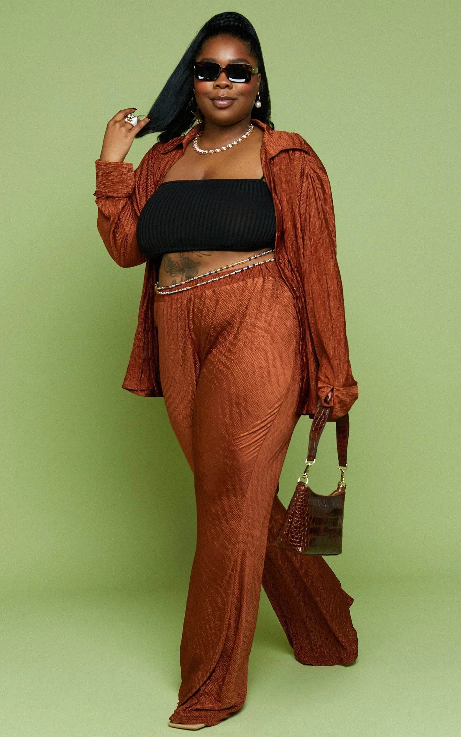 Rosamund Pants - High Waisted Crinkle Flared Pants in Clay