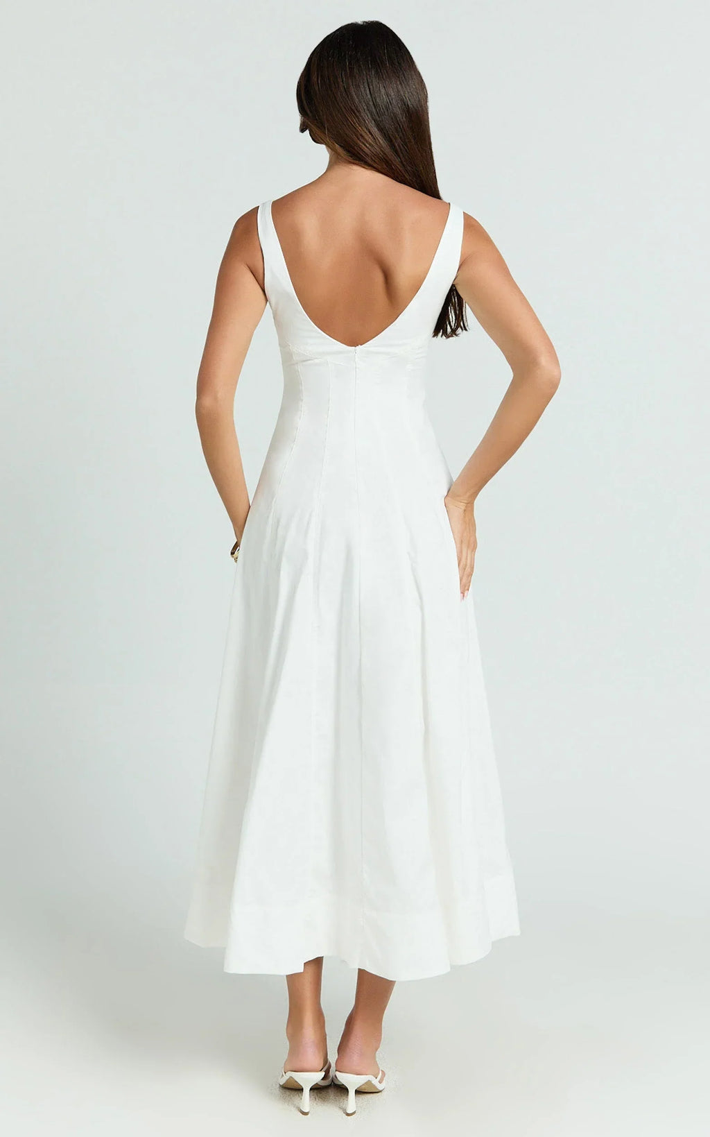 Kristi Midi Dress - Scoop Neck Fit And Flare Dress in Off White