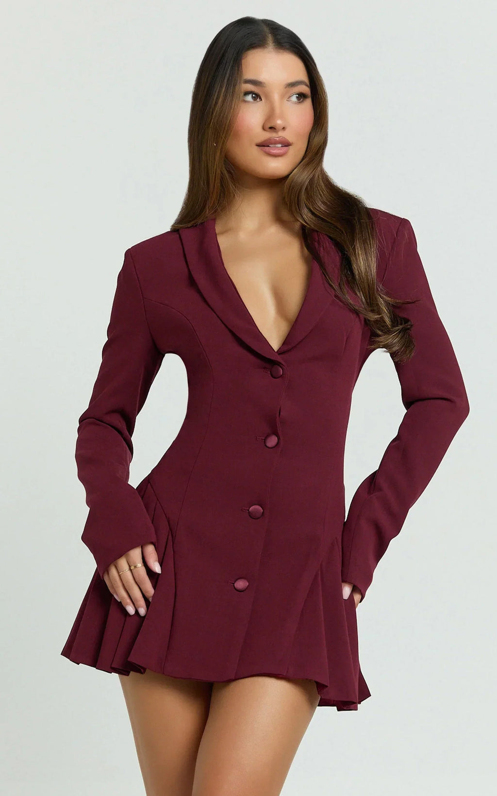 Bea Mini Dress - Collared Long Sleeve Fit And Flare Pleated Dress in Wine