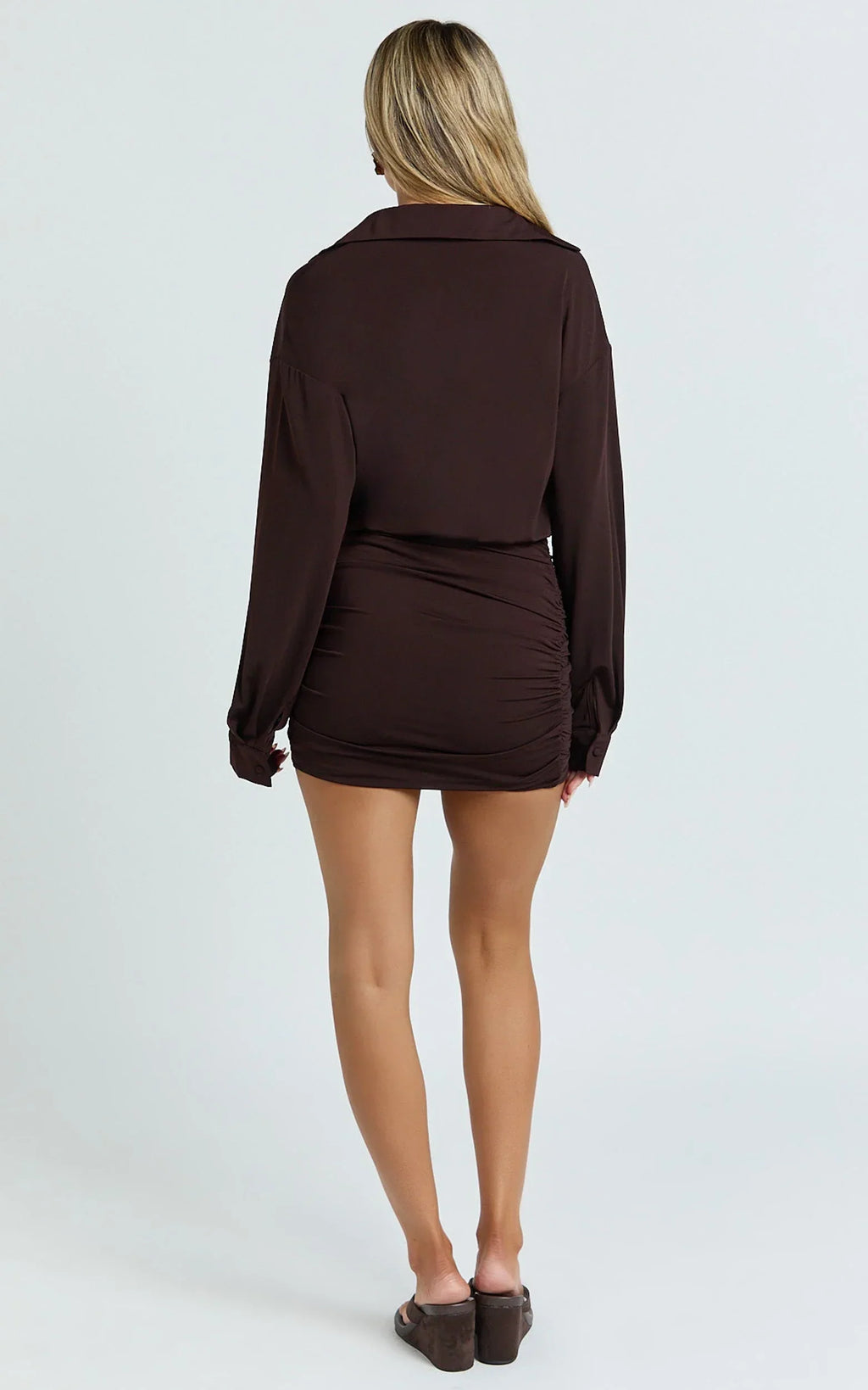 Pearce Mini Dress - Ruched Jersey Shirt Dress in Chocolate
