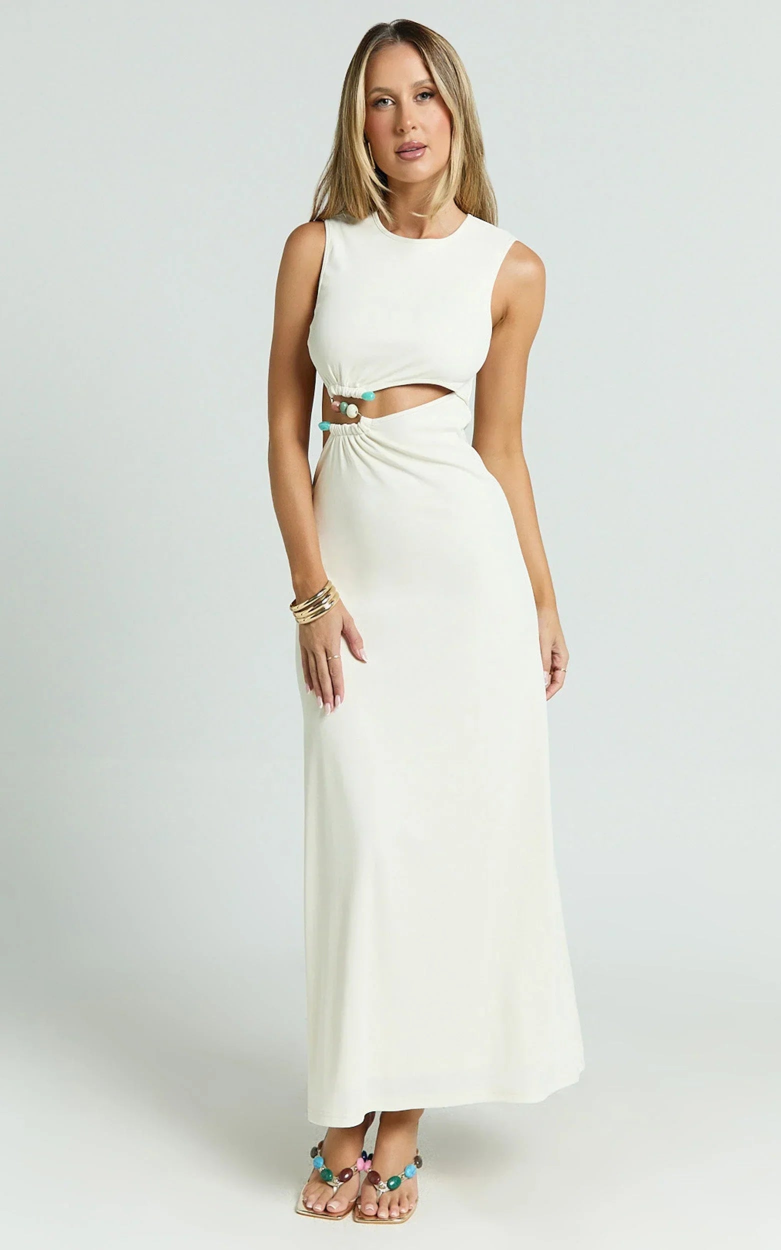 Amy Maxi Dress - High Neck Cut Dress with Hardware Detail in Cream