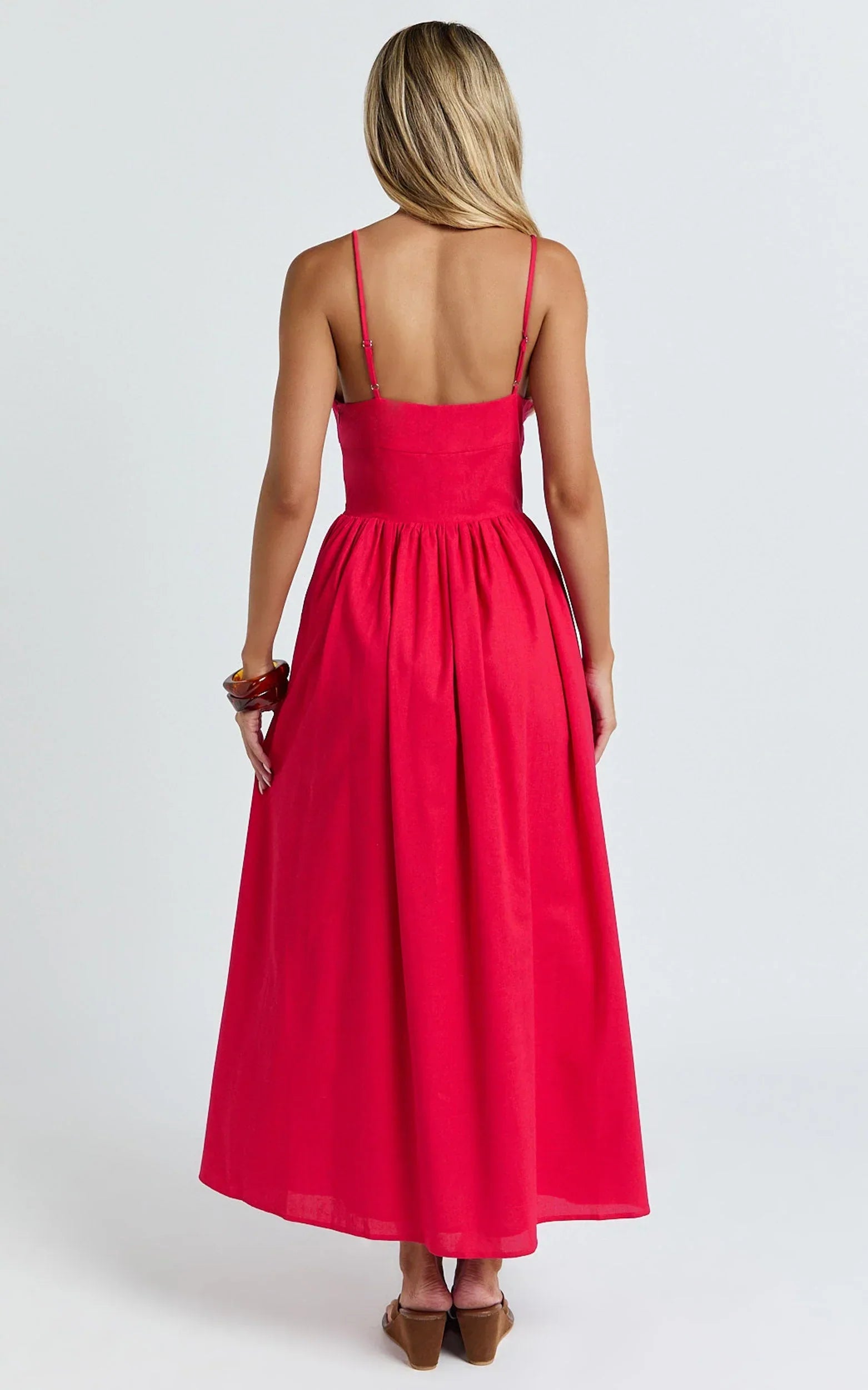 Morris Midi Dress - Linen Scoop Neck Gathered Dress in Red