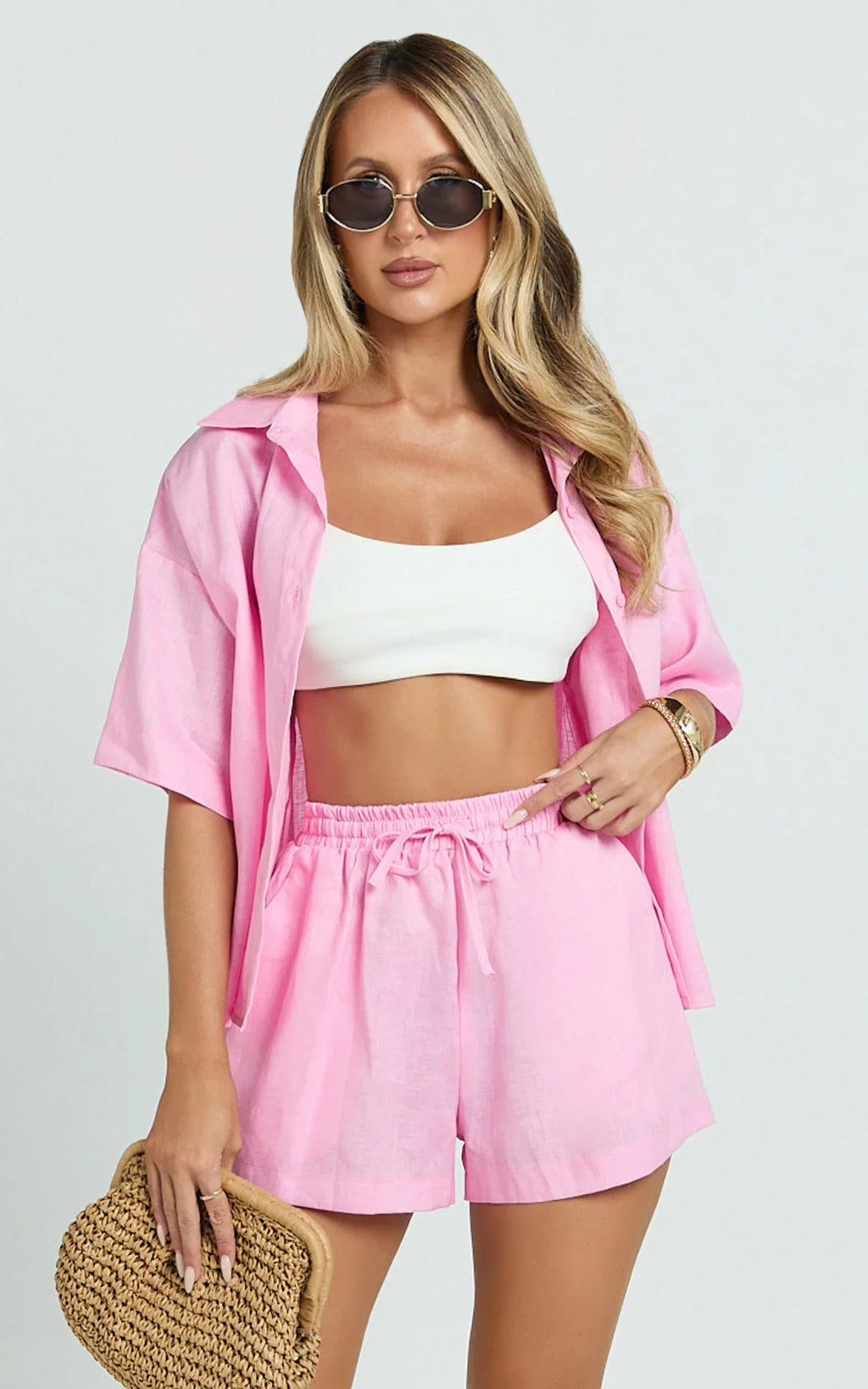 Ramona Linen Shorts - Drawstring Linen Shorts in Pink