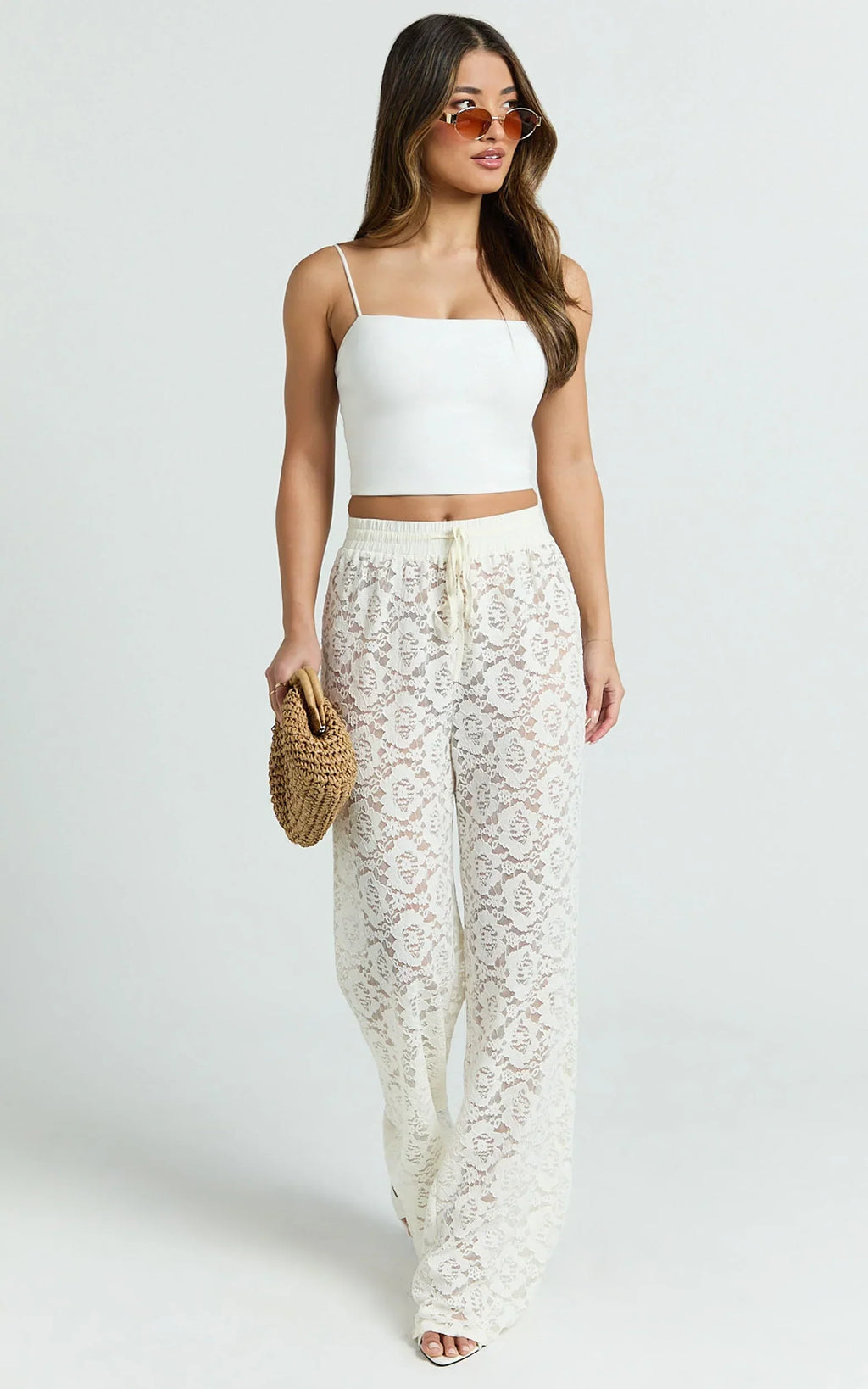 Roxy Pants - High Waist Lace Relaxed Drawstring Pants in Off White