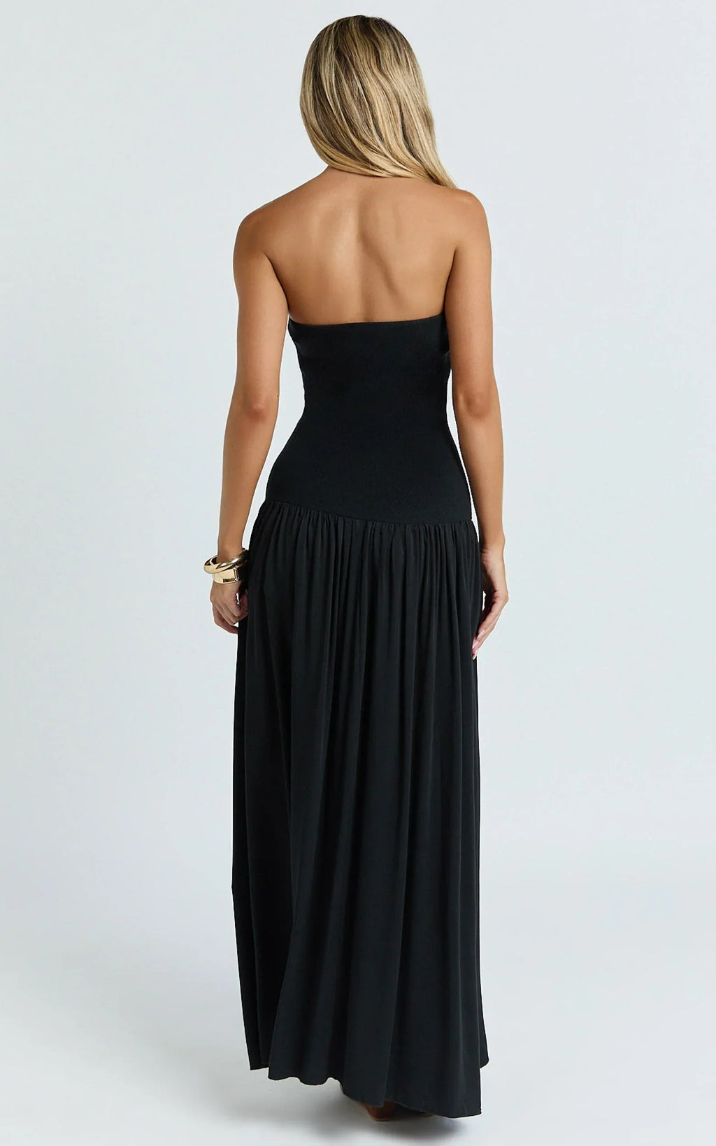 Harlee Maxi Dress - Strapless Drop Waist Knit Bodice Full Gathered Skirt Dress in Black