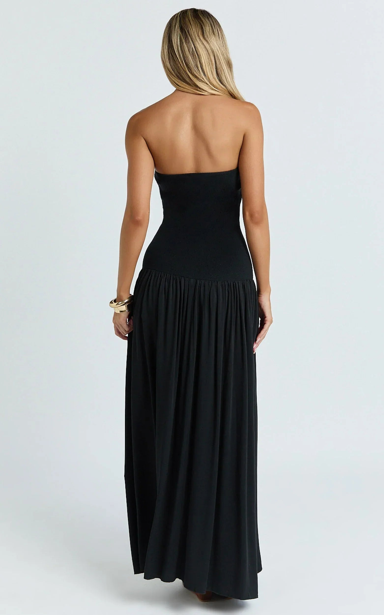 Harlee Maxi Dress - Strapless Drop Waist Knit Bodice Full Gathered Skirt Dress in Black
