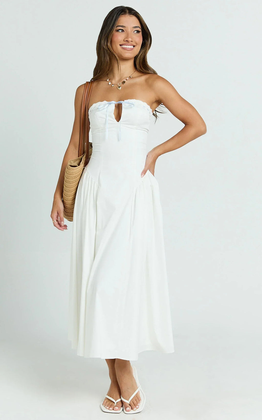 Bambi Midi Dress - Embroidered Strapless Lace Up Fit And Flare Dress in White