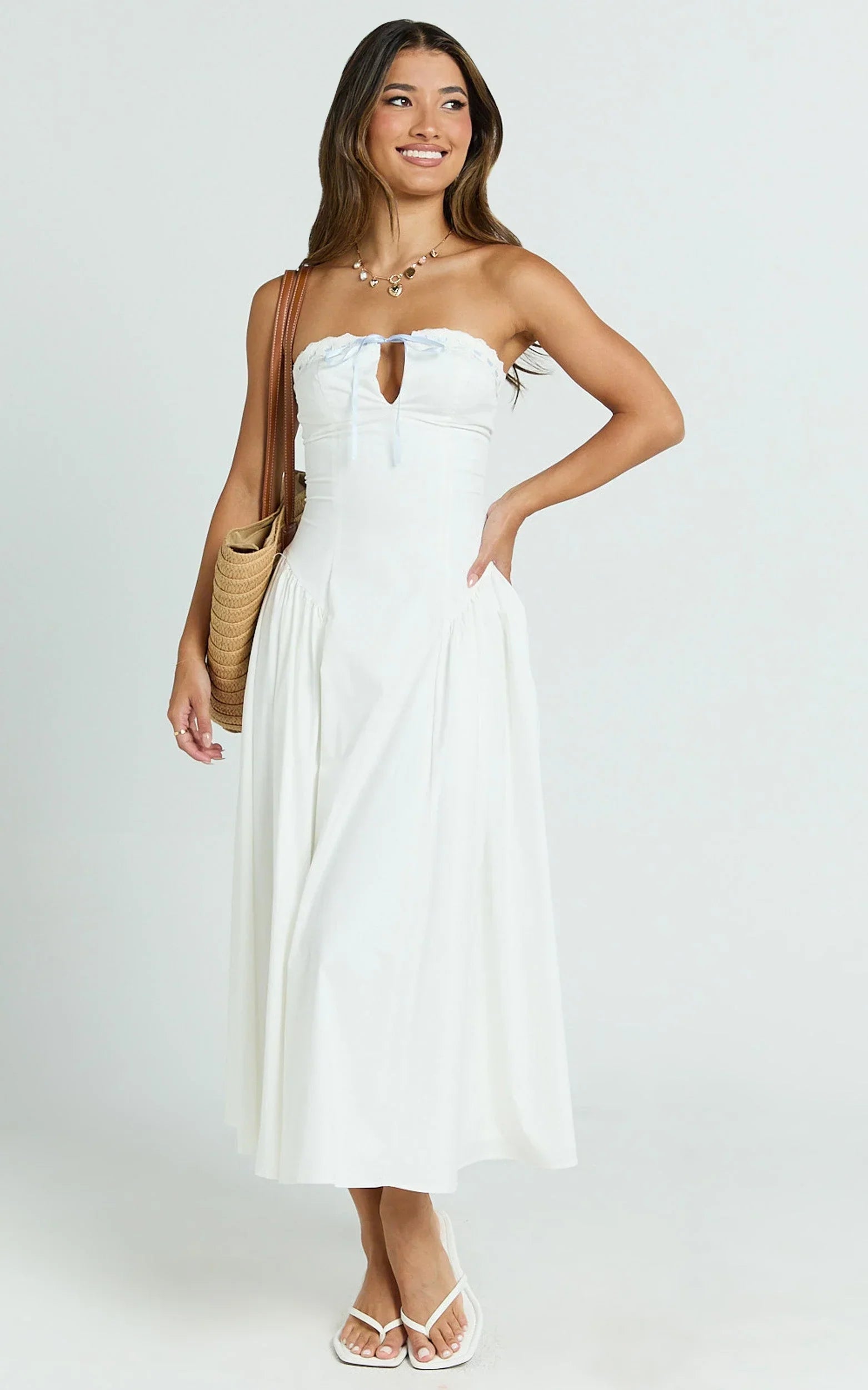 Bambi Midi Dress - Embroidered Strapless Lace Up Fit And Flare Dress in White