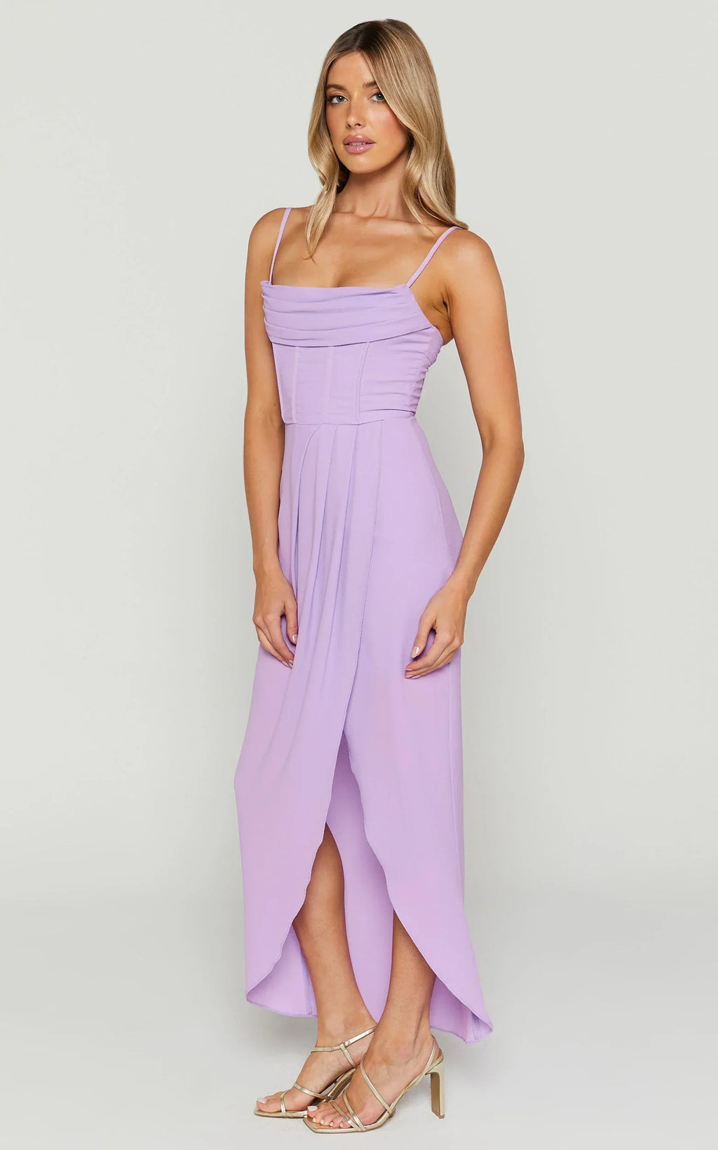 Andrina Midi Dress - High Low Wrap Corset Dress in Lilac