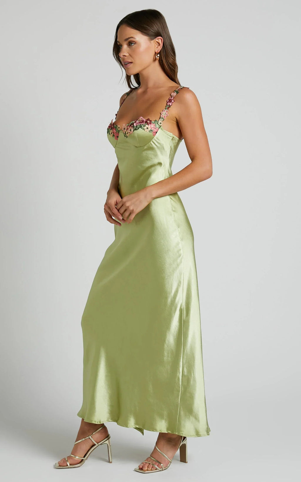 Harmony Midi Dress - Floral Detail Cup Bust Satin Dress in Citrus