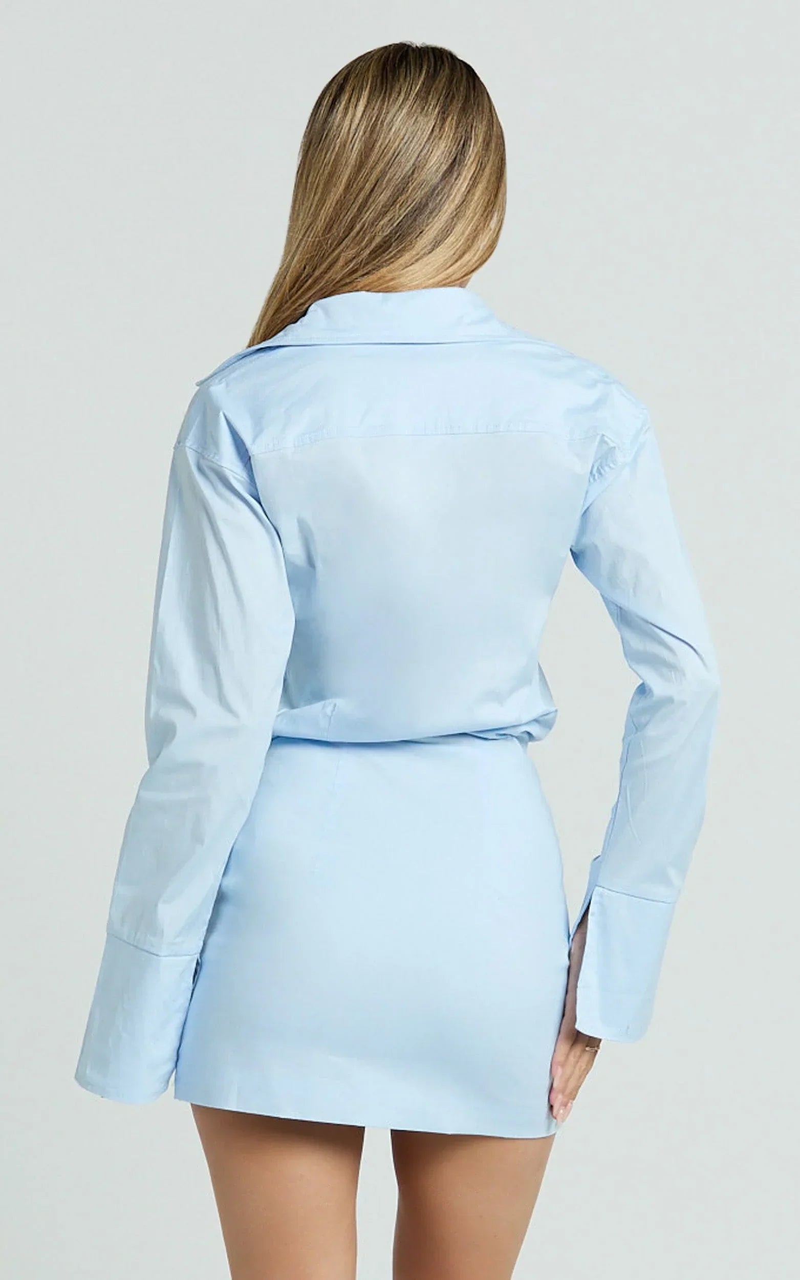 Gretel Mini Dress - Collared Button Front Relaxed Shirt Fitted Skirt Dress in Pale Blue