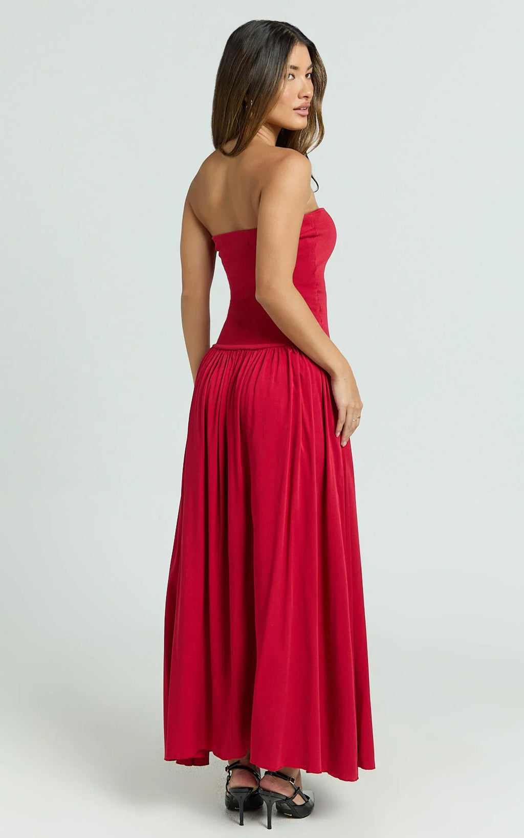 Harlee Maxi Dress - Strapless Drop Waist Knit Bodice Full Gathered Skirt Dress in Red