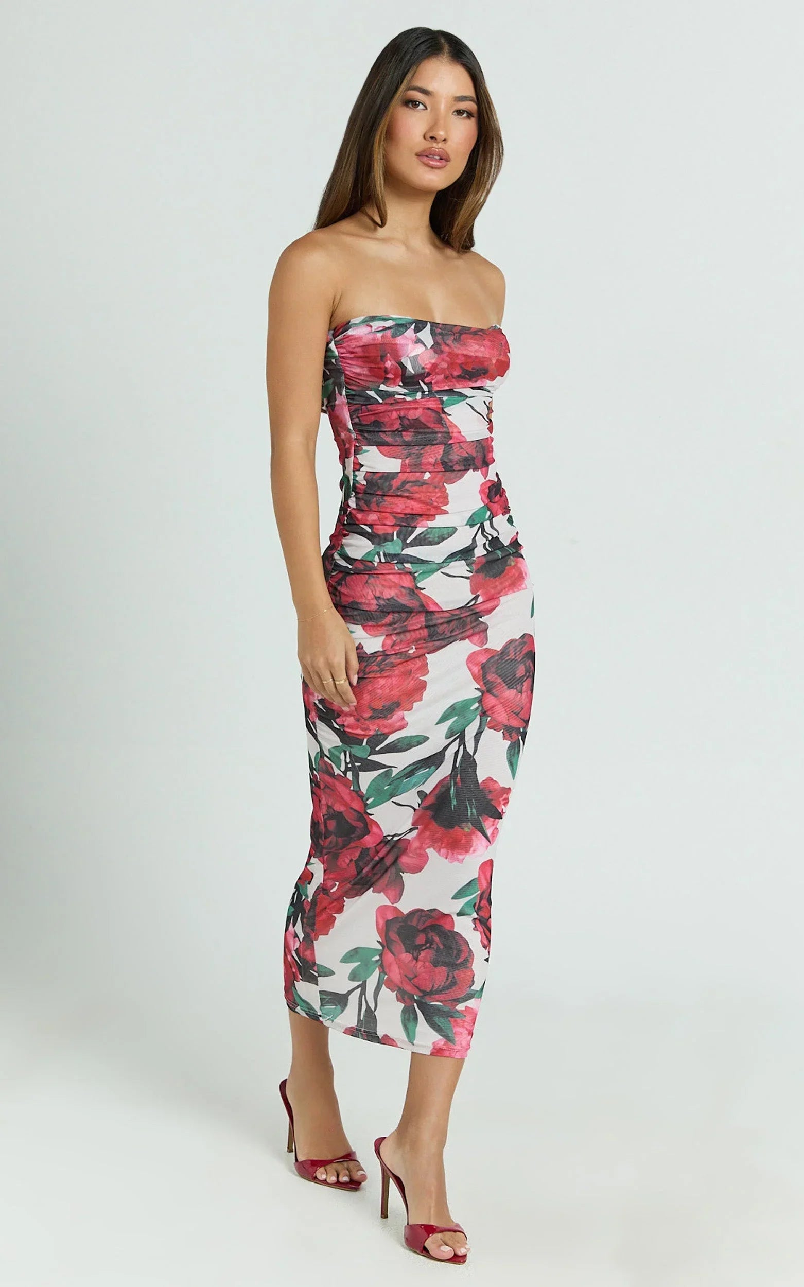 Enid Midi Dress - Sweetheart Neck Ruched Bodycon Dress in Rose Blanca