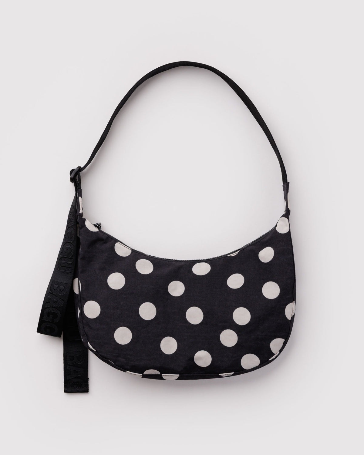 Medium Nylon Crescent Bag - Black and Cream Polka Dot