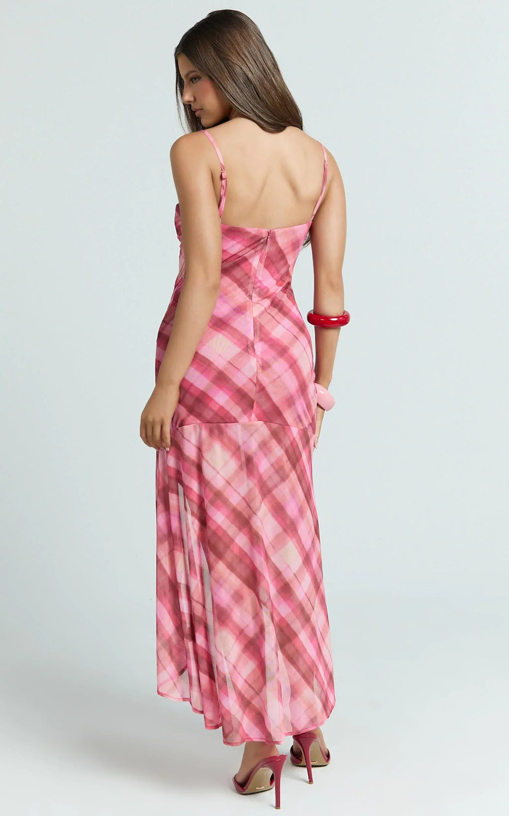 Pascal Midi Dress - Mesh Spaghetti Strap Split Dress in Cherry Check Print