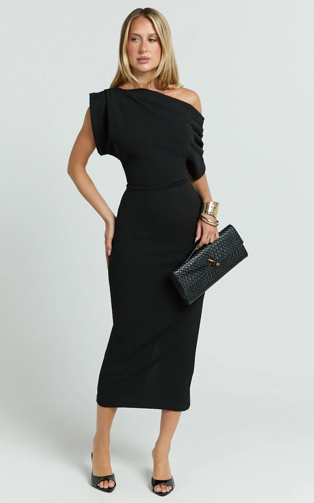 Nalfie Midi Dress - Tipped Shoulder Jersey Drape Dress in Black