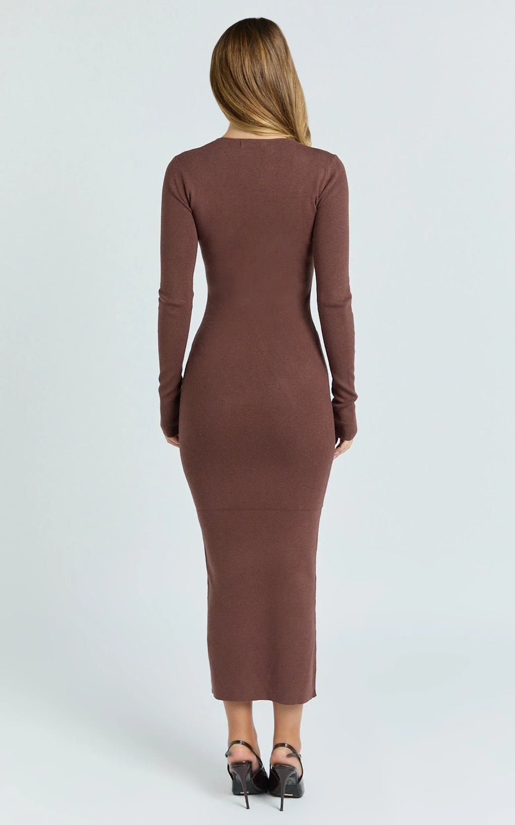 Odessa Midi Dress - U Neck Long Fitted Sleeve Sheer Waist Fitted Knit Dress in Chocolate