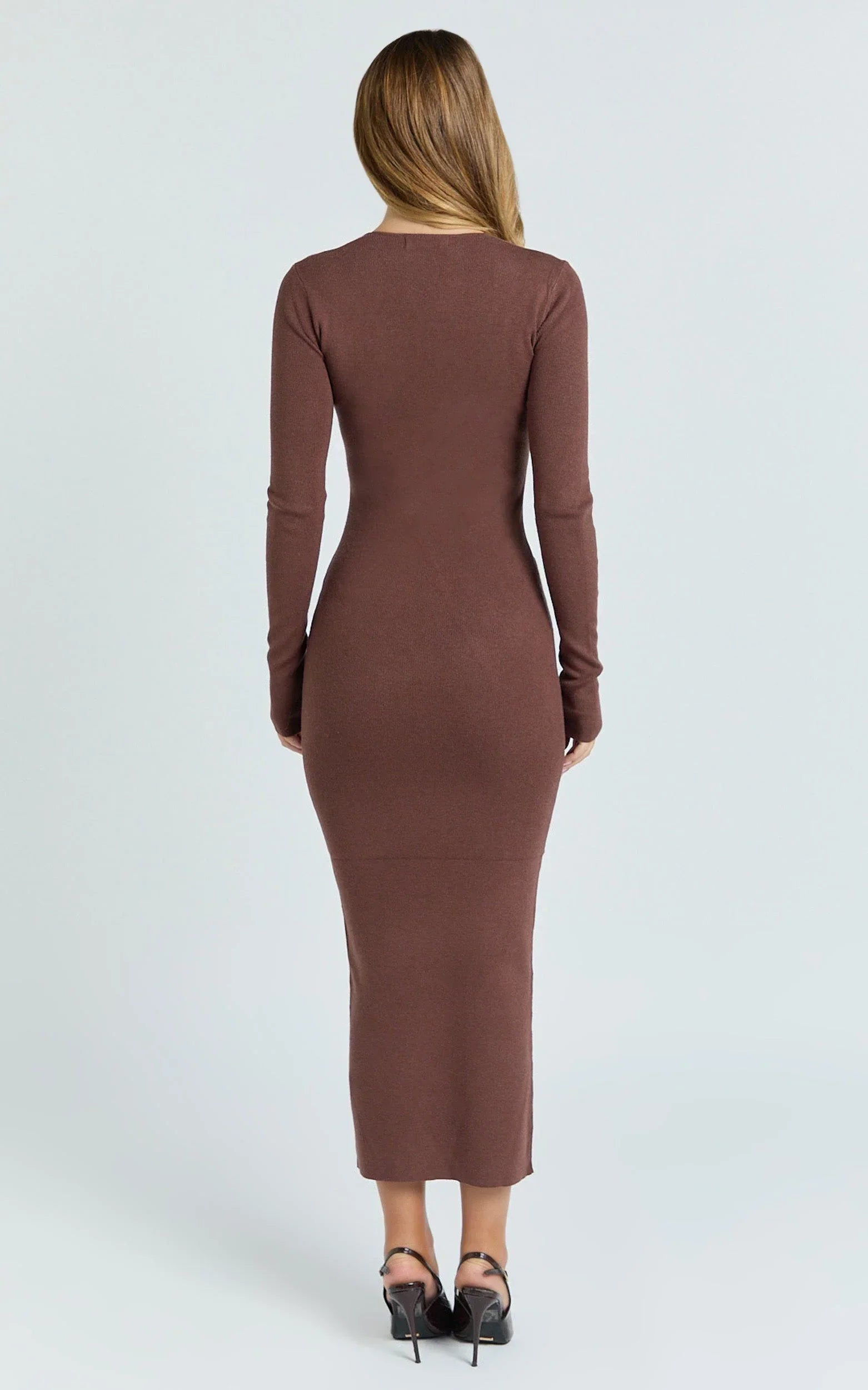 Odessa Midi Dress - U Neck Long Fitted Sleeve Sheer Waist Fitted Knit Dress in Chocolate