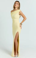 Helen Maxi Dress - One Shoulder Draped Fitted Dress in Lemon