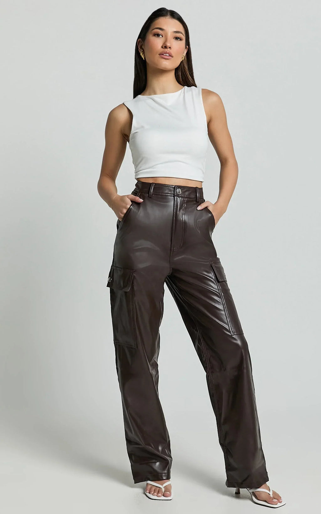 Elviera Pants - High Waisted Faux Leather Cargo Pants in Dark Chocolate