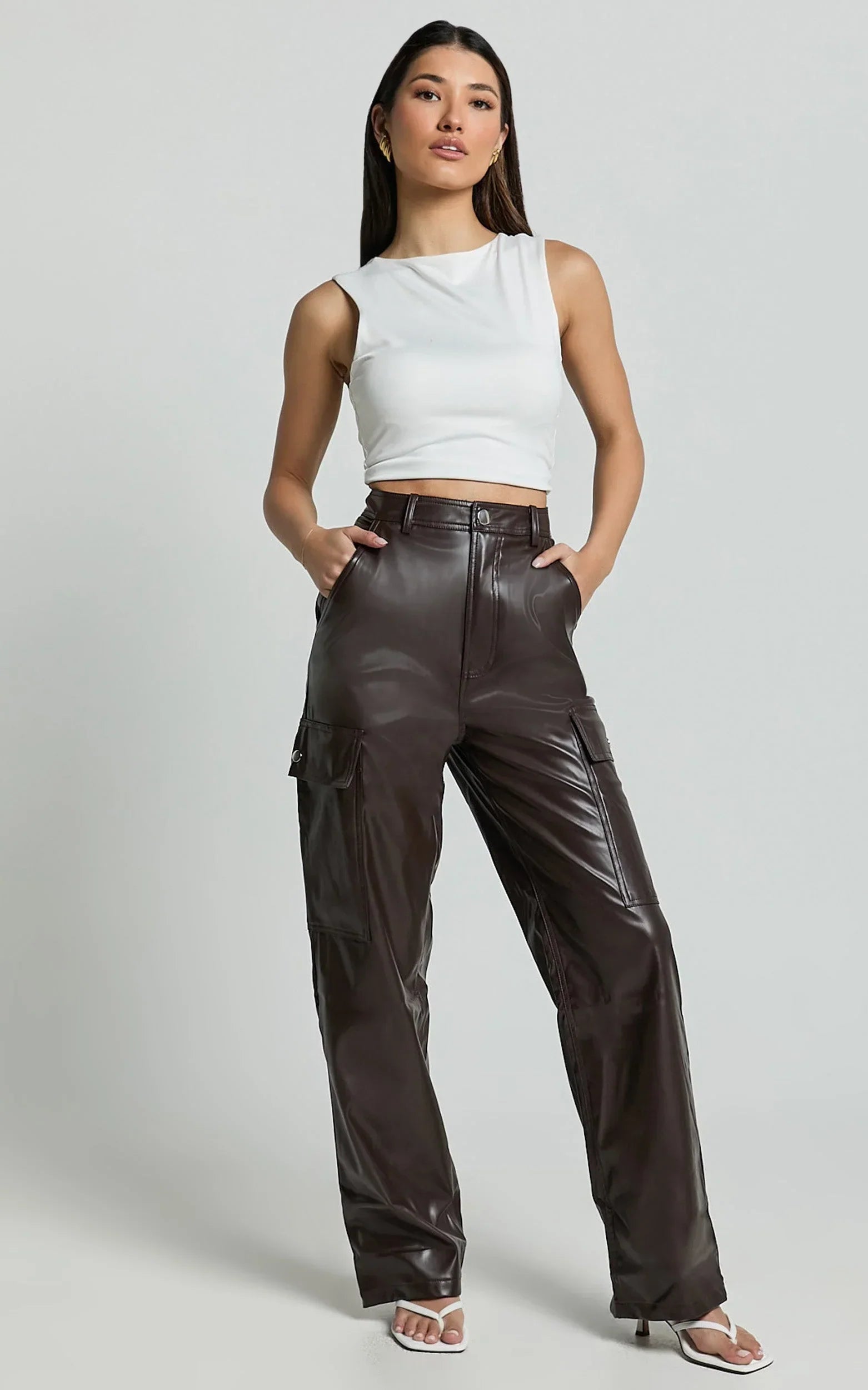 Elviera Pants - High Waisted Faux Leather Cargo Pants in Dark Chocolate