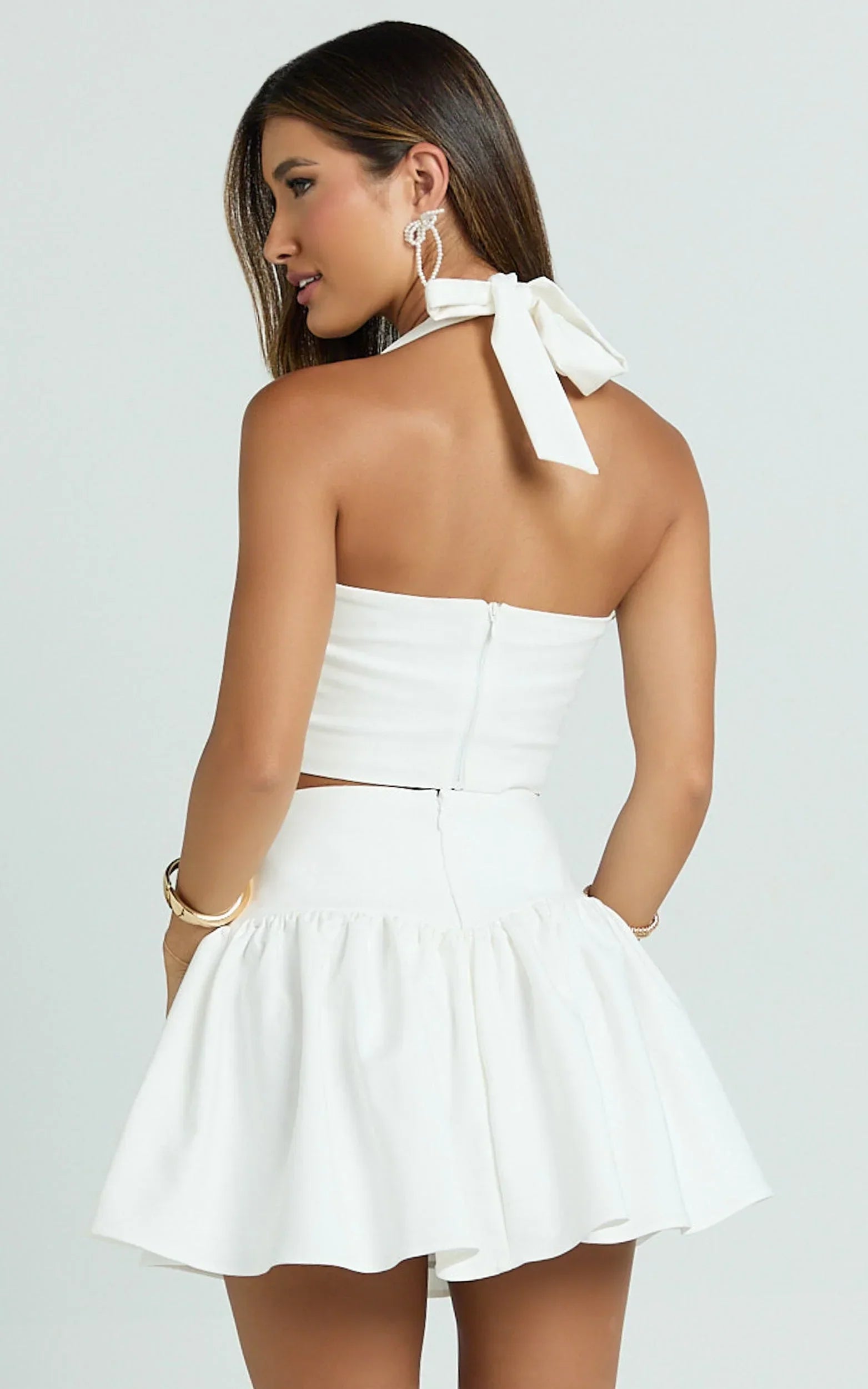 Angelica Mini Skirt - High Waisted V Yoke Skirt in Off White