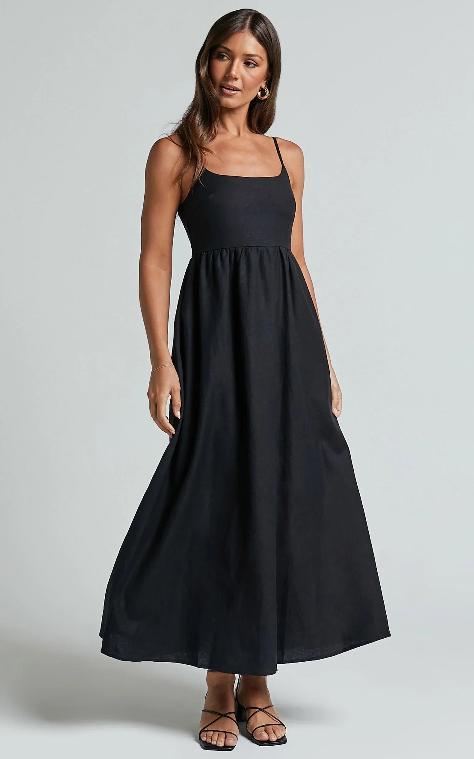 Kayrie Midi Dress - Strappy A Line Linen in Black