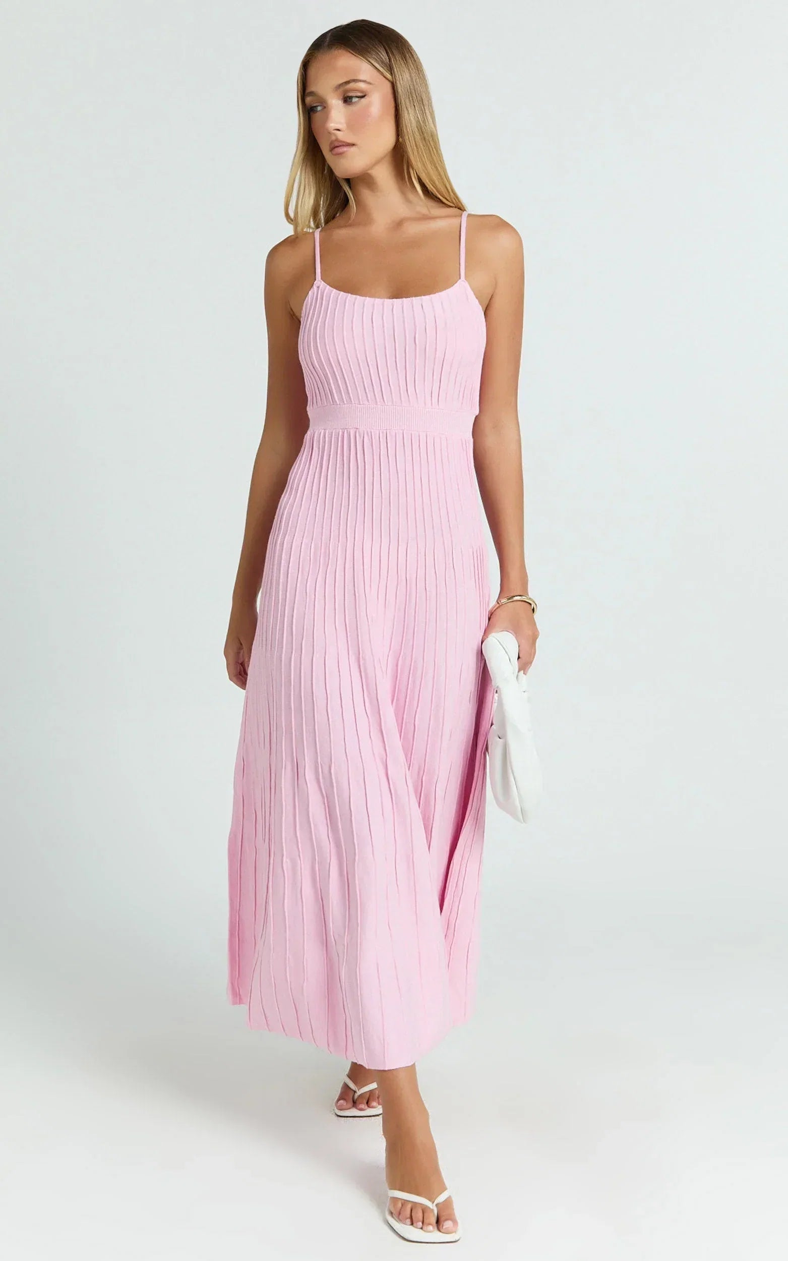 Donissa Midi Dress - Panelled Knit Dress in Pale Pink