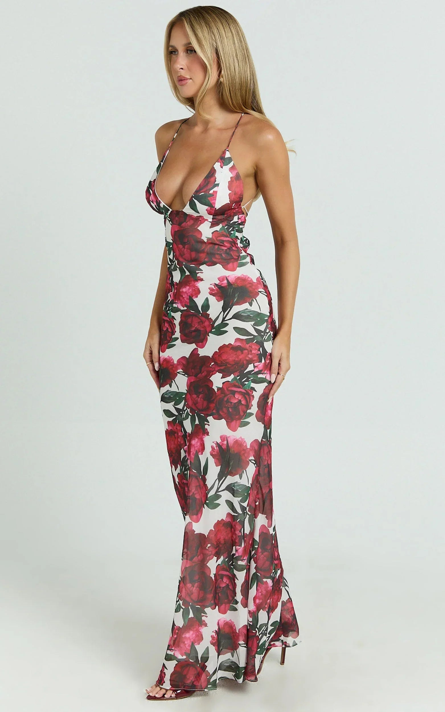 Lenny Maxi Dress - Bias Slip Lace Up Back Dress in Rose Blanca Floral