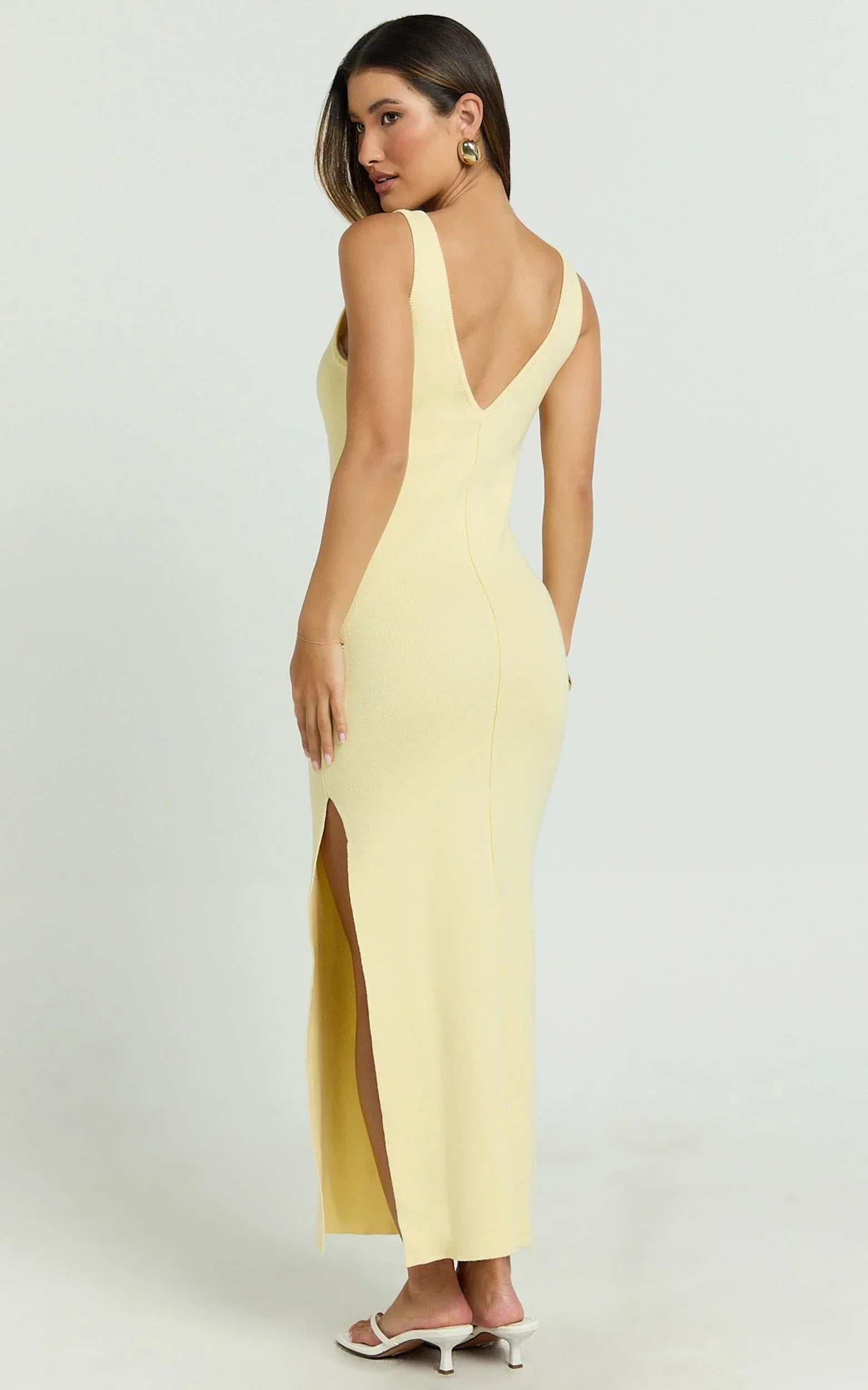 Perrie Midi Dress - High Neck Sleeveless Scoop Back Fitted Leg Split Skirt Dress in Lemon
