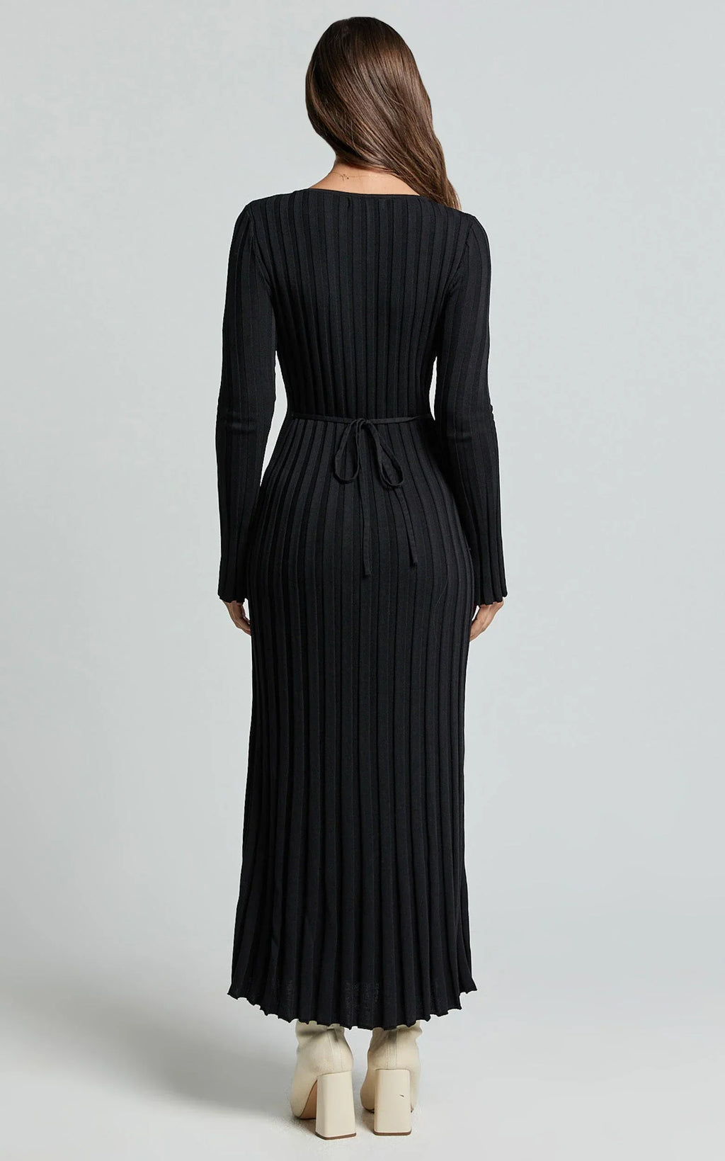 Astra Maxi Dress - V Neck Long Sleeve Knit Dress in Black
