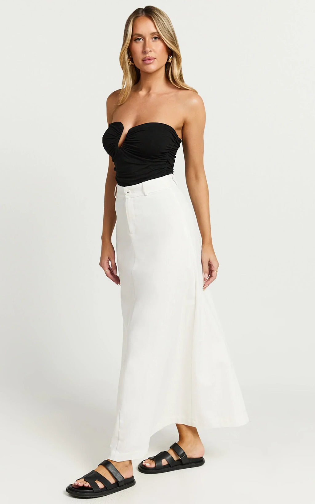 Benjie Maxi Skirt - Tailored Linen High Waisted A Line in White