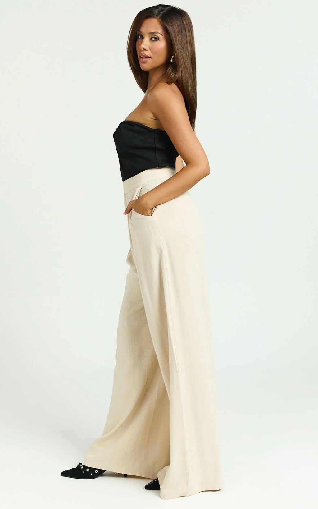 Hermione Linen Blend Pants - High Waist Wide Leg Pleated Palazzo Pants in Natural