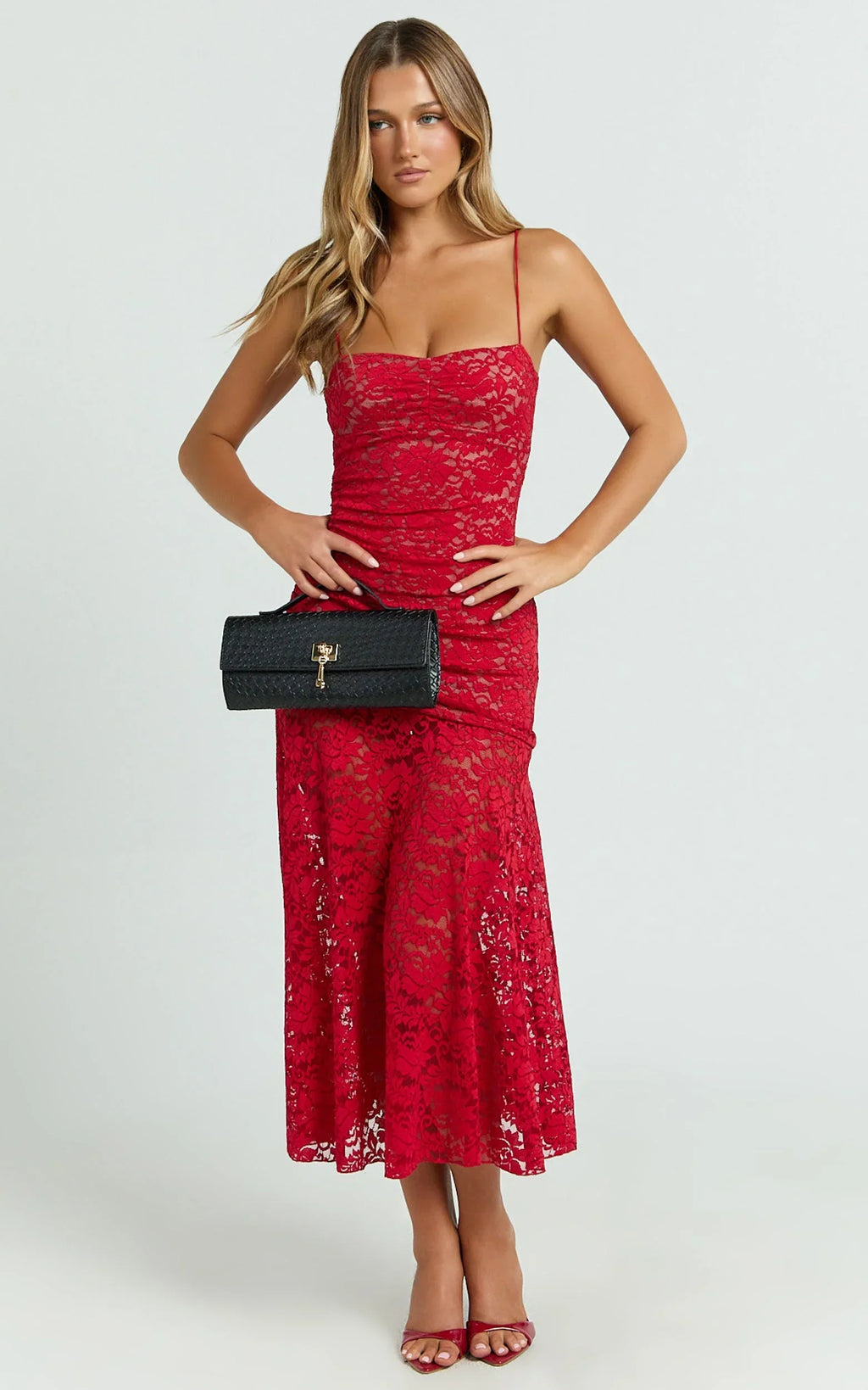 James Midi Dress - Ruched Stretch Lace Dress in Red