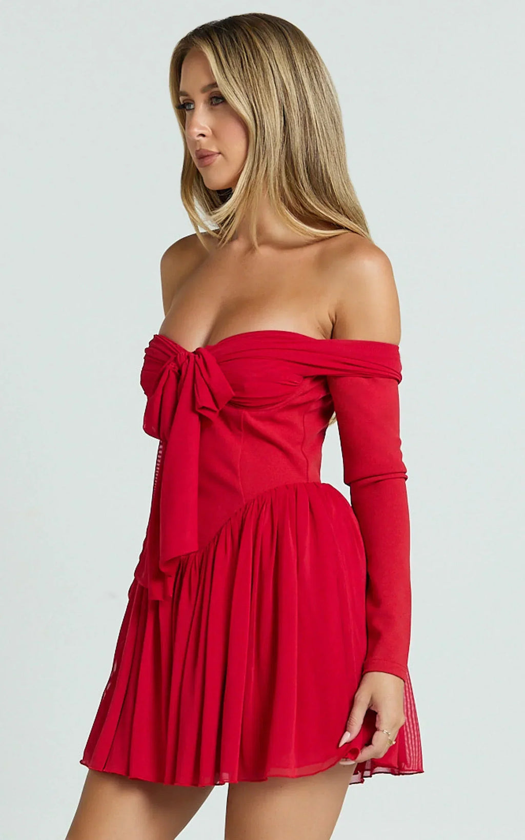 Bennett Mini Dress - Off Shoulder Long Sleeve V Waist Dress in Red