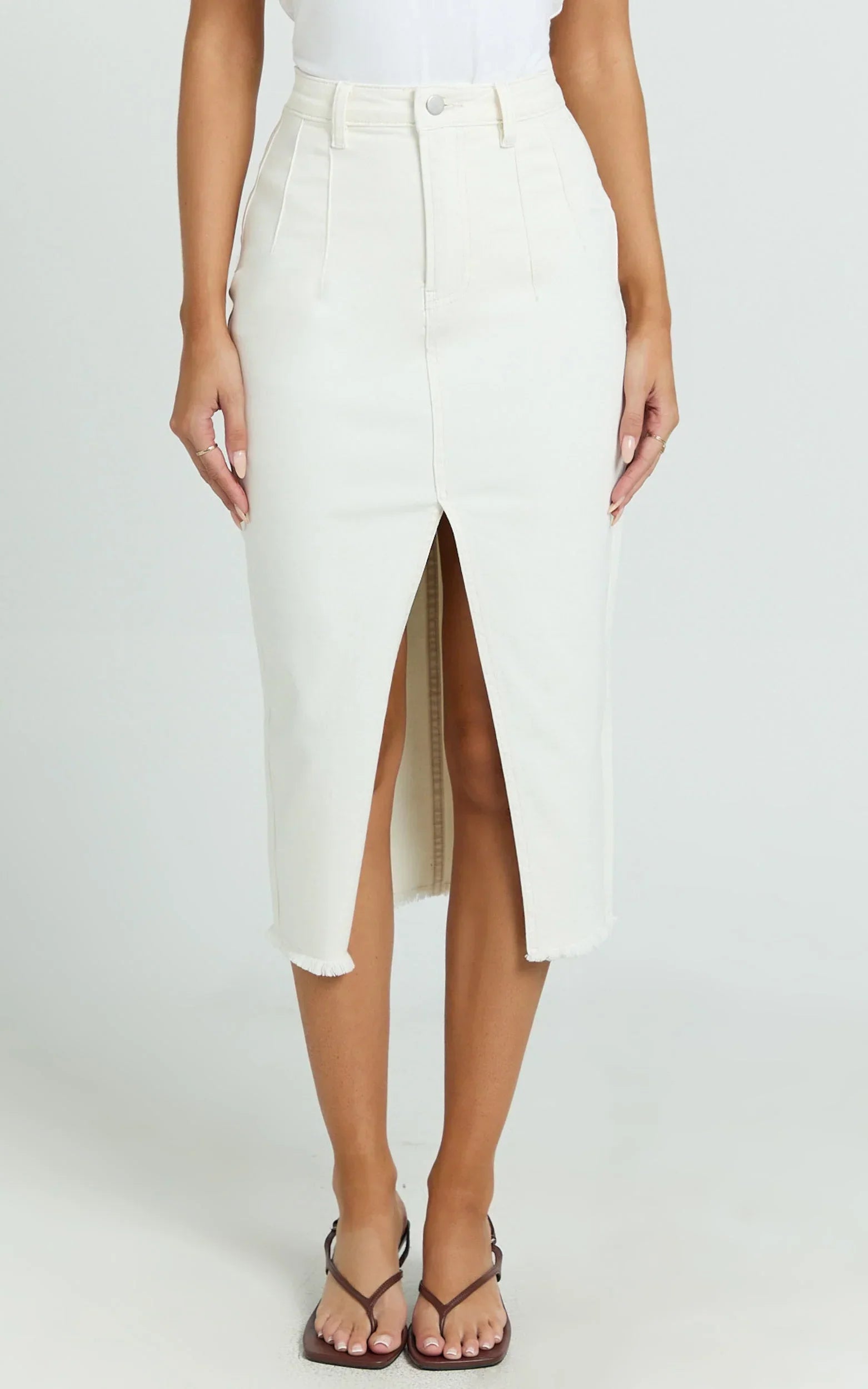 Janeve Midi Skirt - Front Split Denim Skirt in Ecru