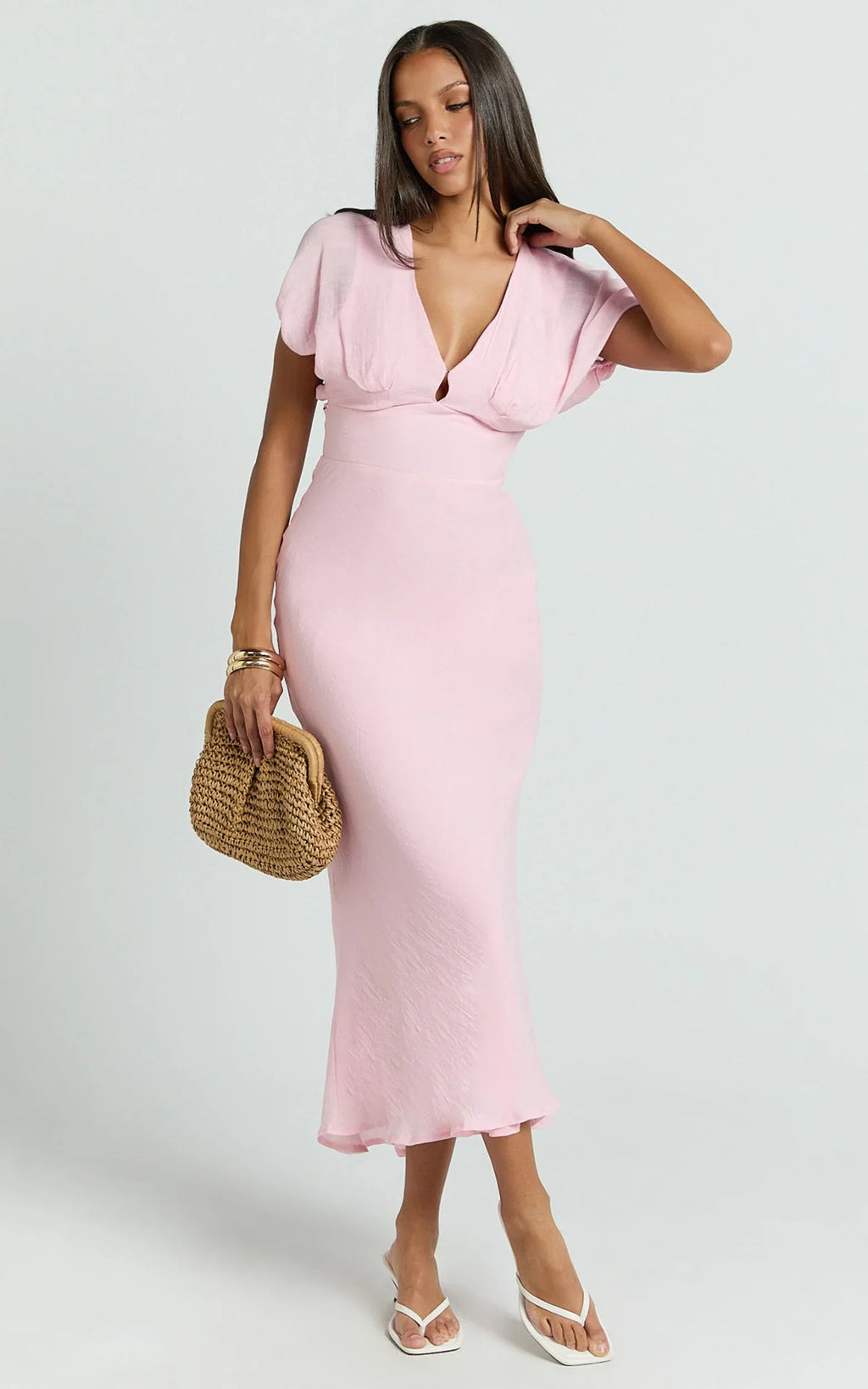 Desiree Midi Dress - V Neck Flutter Short Sleeve Slip Dress in Pink