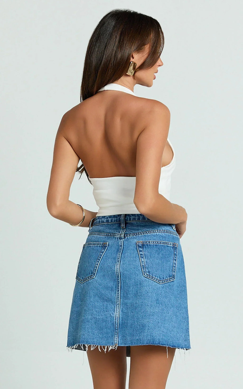 Rihanna Skirt - High Waisted Asymmetrical Denim Skirt in Mid Blue Wash