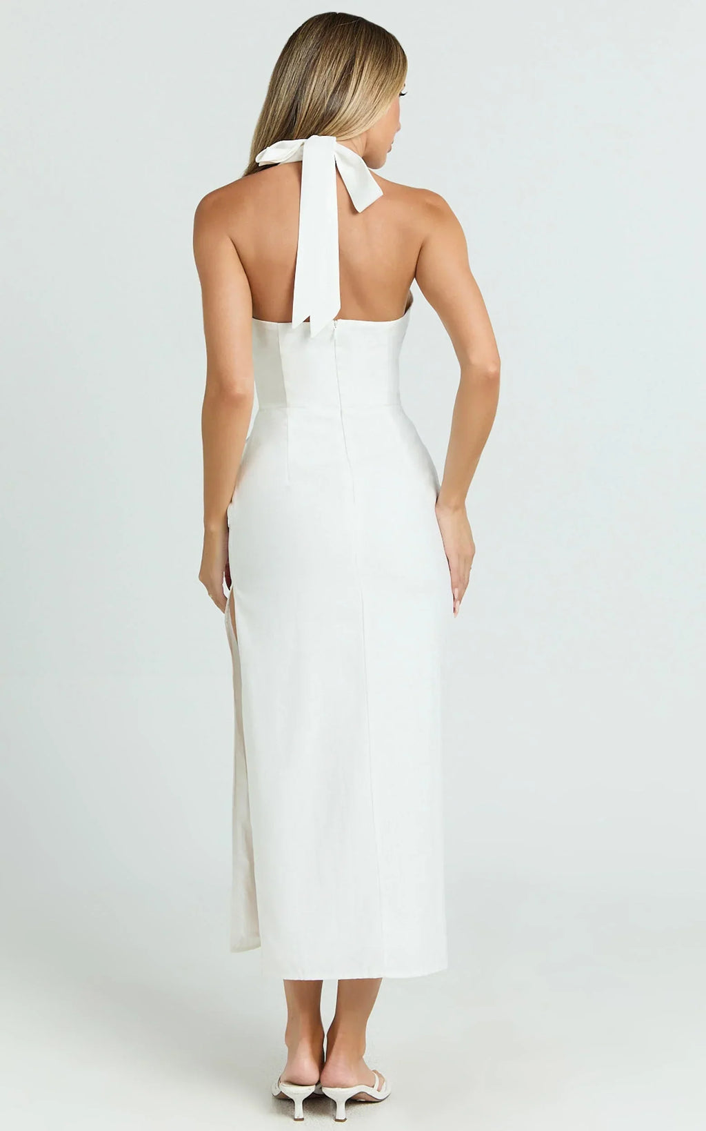 Darcy Midi Dress - Halter Fitted Side Split Dress in White