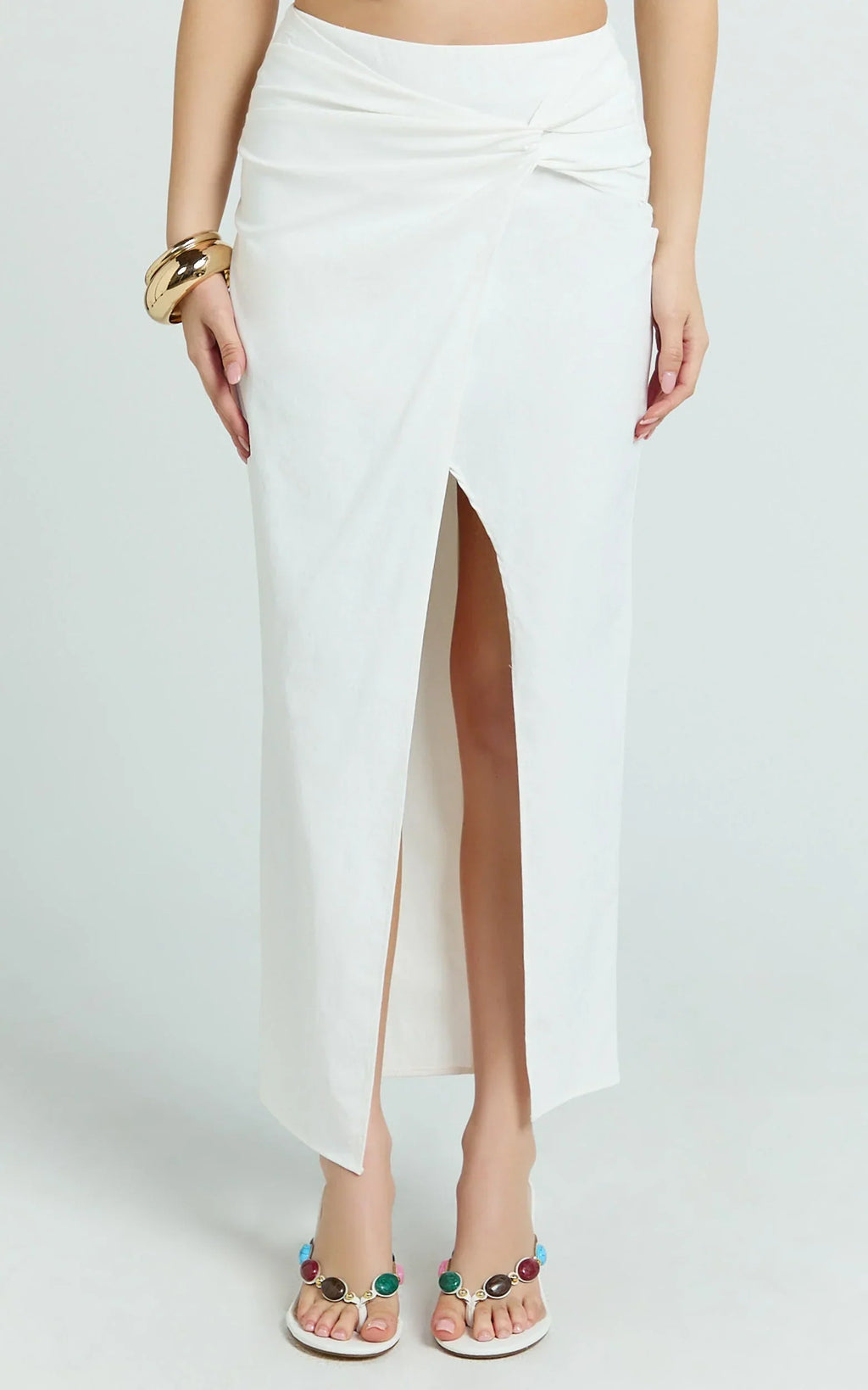 Dylan Midi Skirt - Mid Waist Twist Front Midi Skirt in White