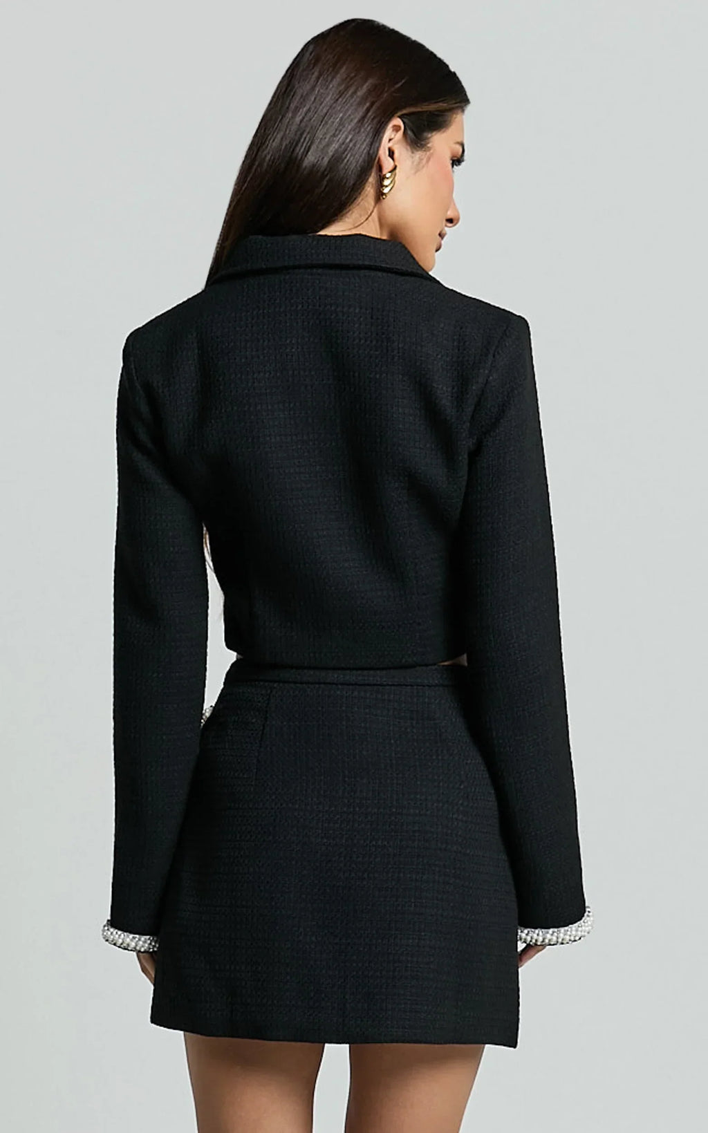 Donatella Mini Skirt - Boucle Pearl Trim Side Split Mini Skirt in Black