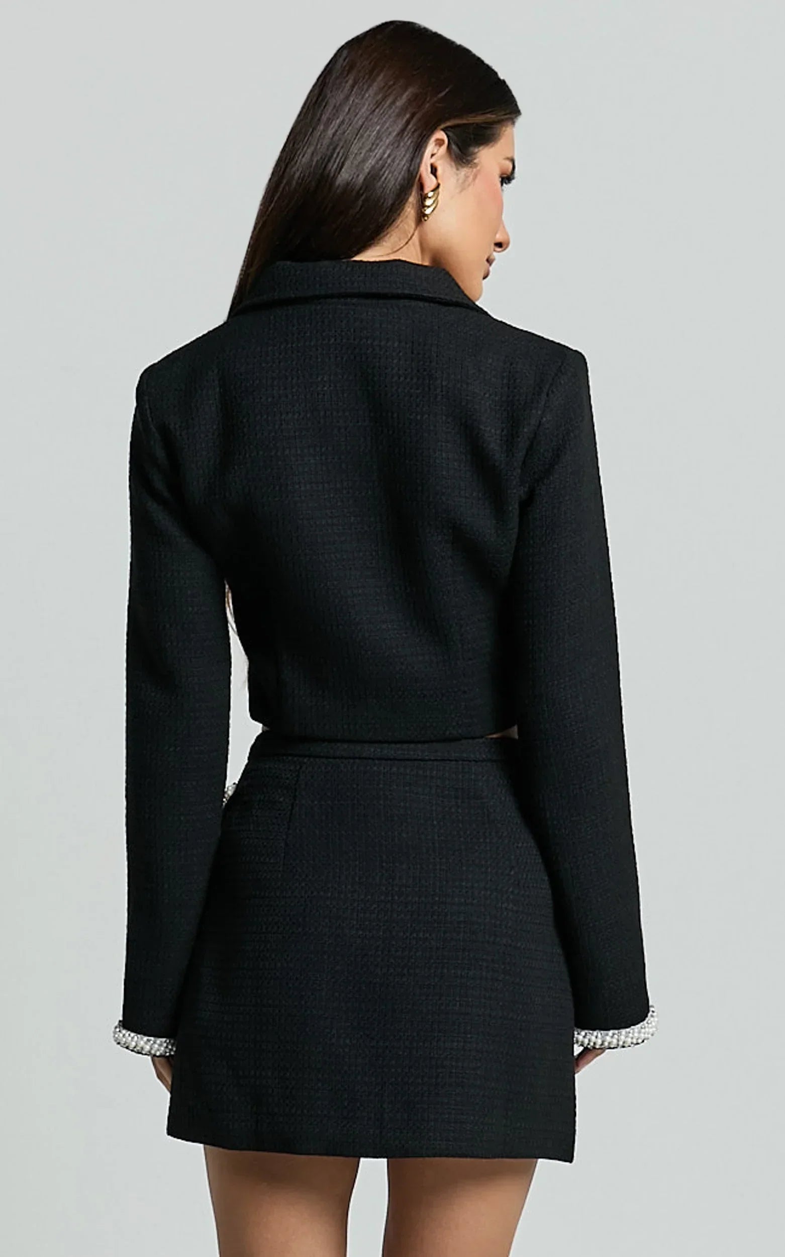Donatella Mini Skirt - Boucle Pearl Trim Side Split Mini Skirt in Black