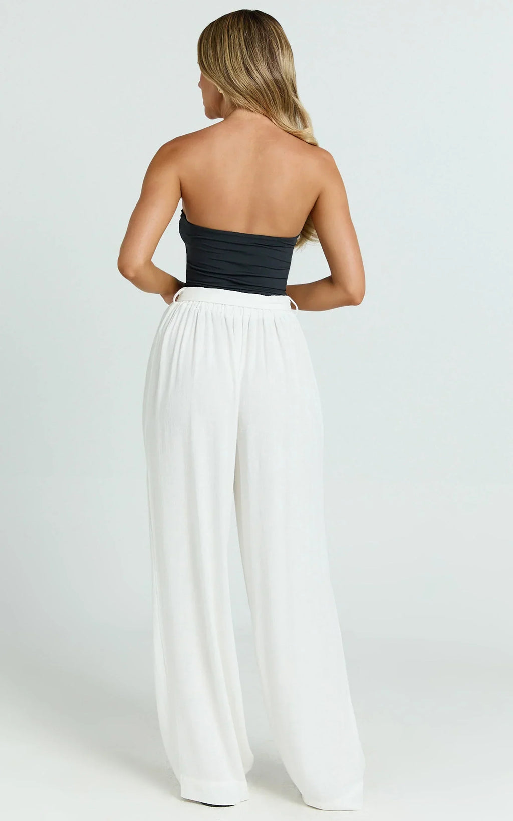 Kalli Pants - Linen Look Belted Wide Leg Relaxed Pants in White