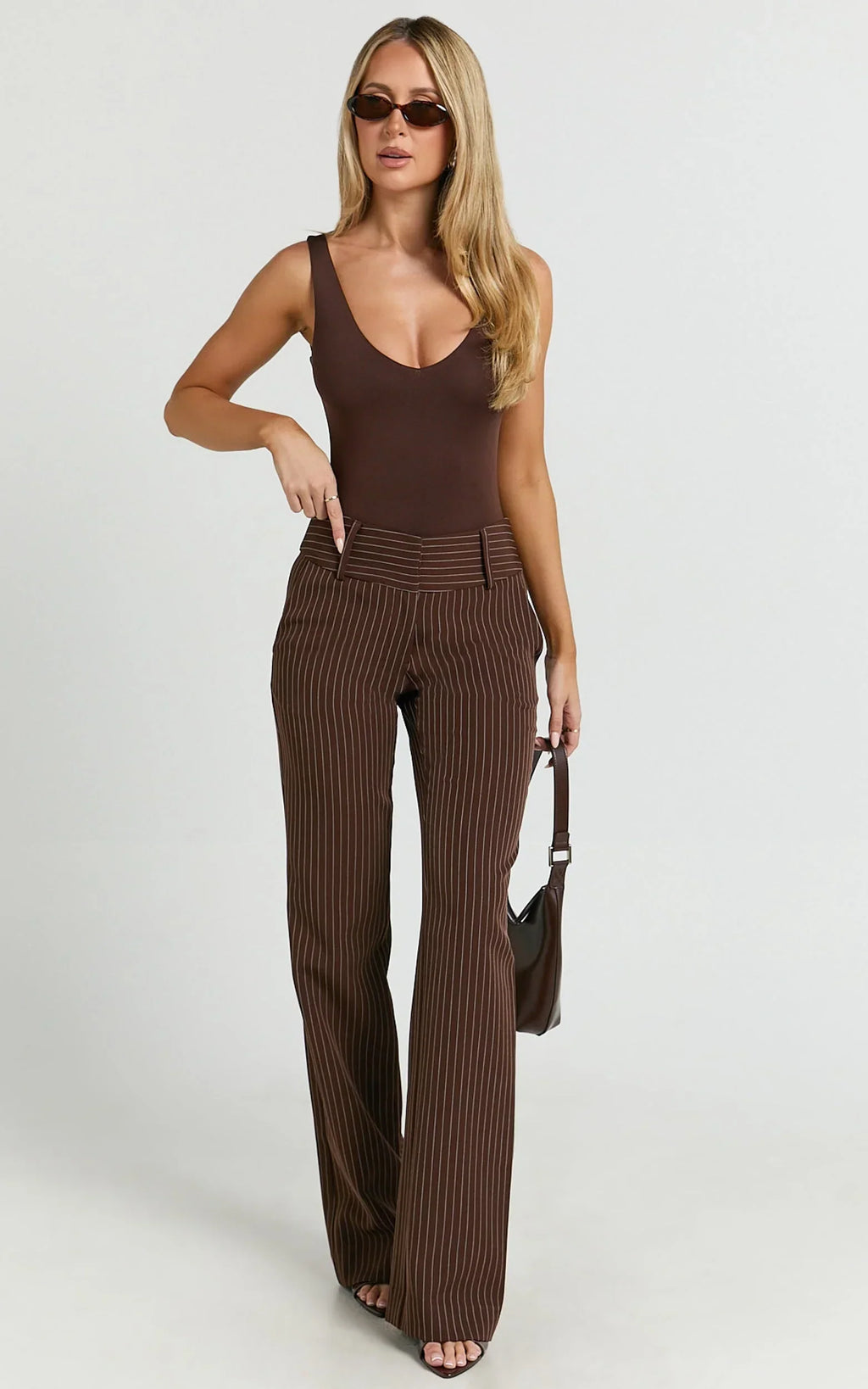 Elliot Pants - Mid Rise Pinstripe Bootleg Pants in Brown Stripe