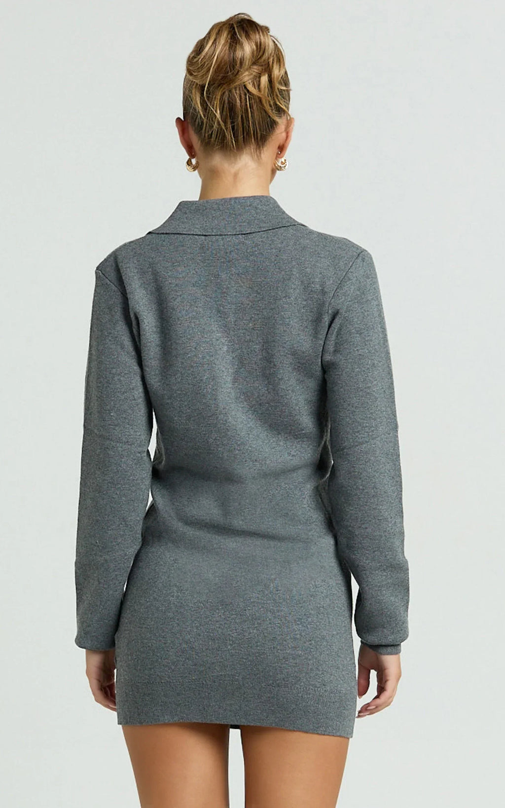 Jolene Mini Dress - Long Sleeve Knitted Polo Dress in Dark Grey