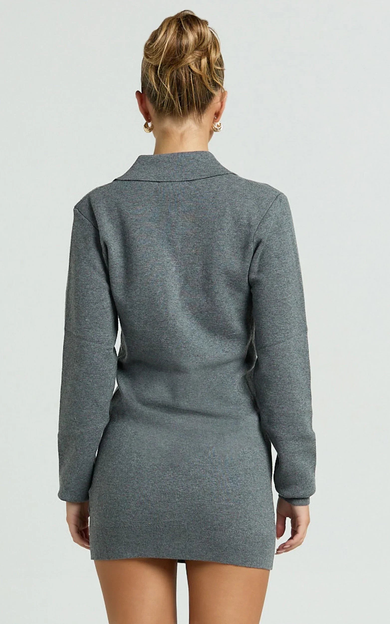 Jolene Mini Dress - Long Sleeve Knitted Polo Dress in Dark Grey